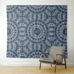 Tapiz Diseño de patrón de mandala azul y plateado