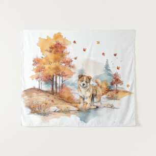 Tapiz Diseño de perro Akita en acuarela de otoño