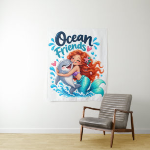 Tapiz Diseño de sirena linda con amigos delfines en el o