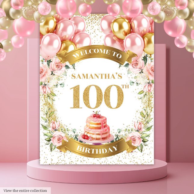 Tapiz Diseño moderno de banner Rubor Gold para 100 años (Modern 100th Birthday Blush Gold Banner Design Tapestry)