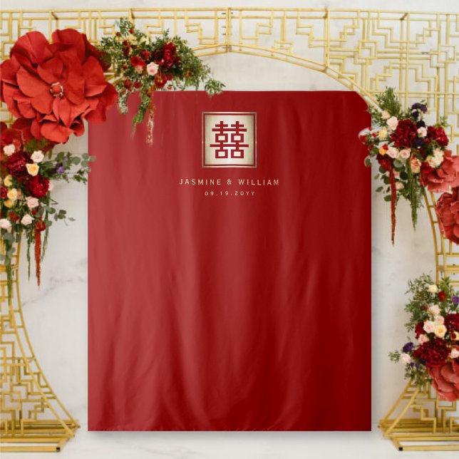 Tapiz Doble felicidad Boda chino foto de fondo (Red/Gold Classic Square Double Happiness Chinese Wedding Photo Backdrop Tapestry @ fatfatin_red_knot)