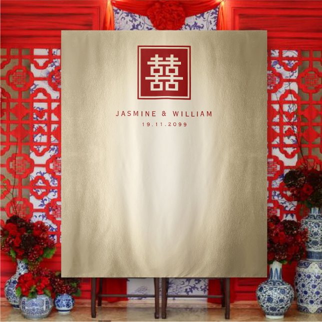 Tapiz Doble felicidad Boda chino foto de fondo (Red/Gold Classic Square Double Happiness Chinese Wedding Photo Backdrop Tapestry @ fatfatin_red_knot)
