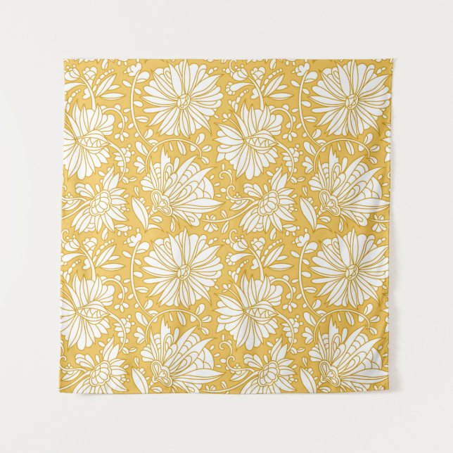 Tapiz Doodle dorado floral, abstracto dibujado a mano (Anverso)