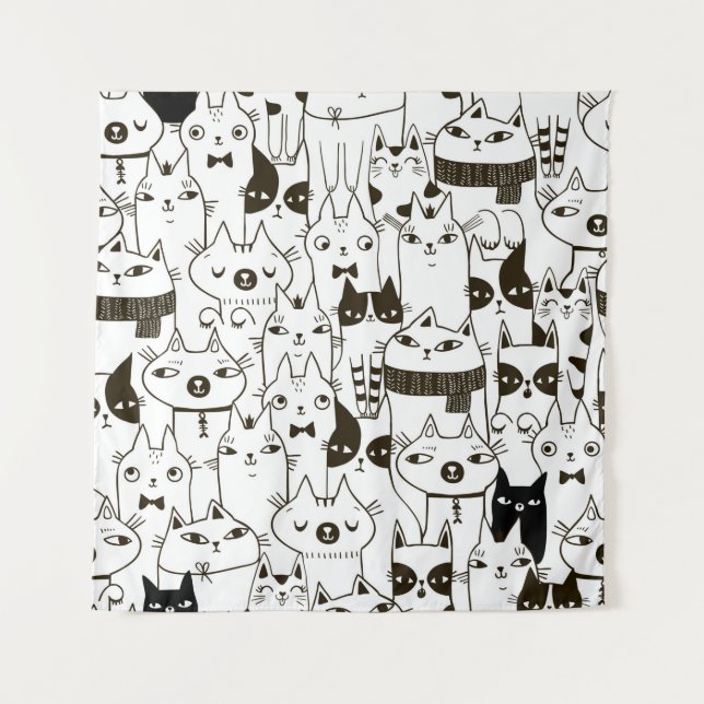 Tapiz Doodle funny cats seamless pattern.  (Anverso)