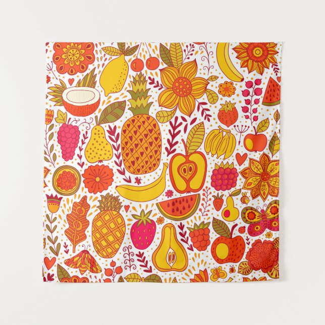 Tapiz Doodles de frutas: Patrón de cosecha de verano. (Anverso)