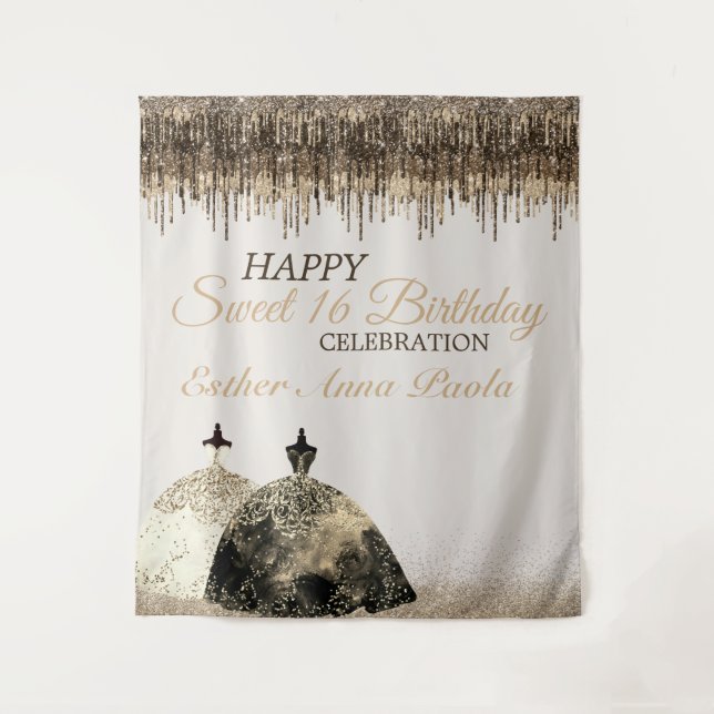 Tapiz Dorado de moda Brown Drips Ballgown Sweet 16 cumpl (Anverso)