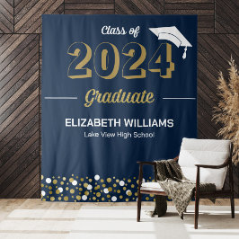 Tapiz Dorado Script Confetti Grad Fiesta fondo azul