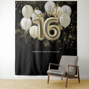 Tapiz Dorado Sweet 16 Bday Balloons Fiesta fondo negro