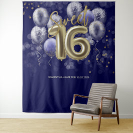 Tapiz Dorado Sweet 16 Bday Balloons Royal Blue Backdrop