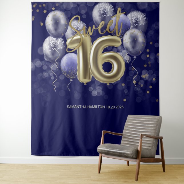 Tapiz Dorado Sweet 16 Bday Balloons Royal Blue Backdrop (In situ)