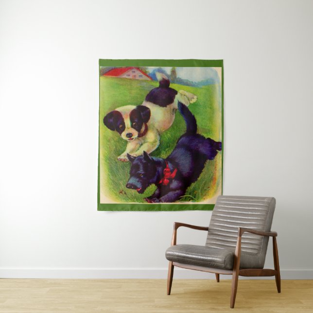 Tapiz dos cachorros, uno con estampado de perro Scottie (In situ)