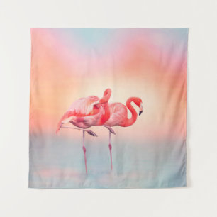 Tapiz Dos flamencos rosados en el agua en sunsetflamingo