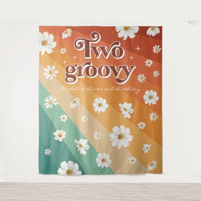 Tapiz Dos Groovy Segundo Cumpleaños | Retró Daisy Arcoír (Anverso)