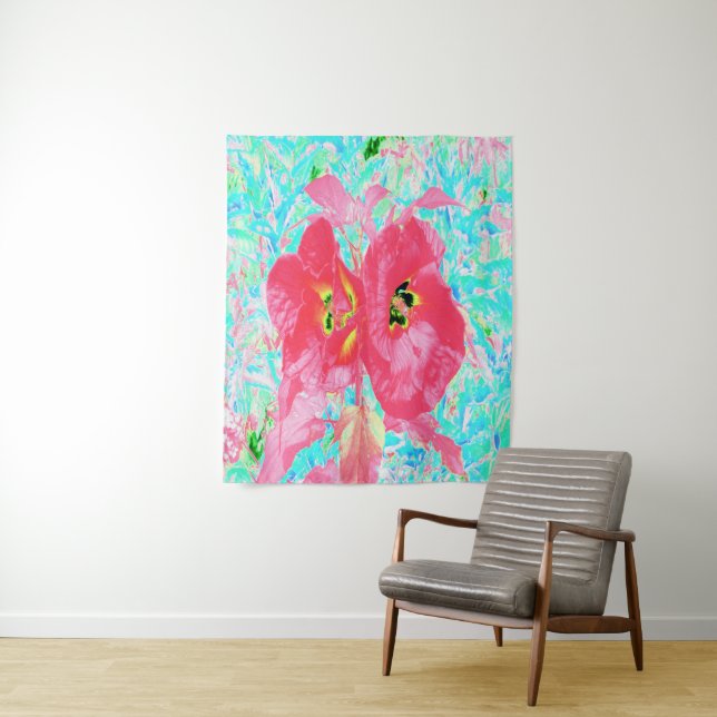 Tapiz Dos rosados ciruelas de coral rojo loco hibiscus e (In situ)