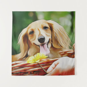 Tapiz Doxie Persona Mano Mostrando Una Flor A Un Dachshu