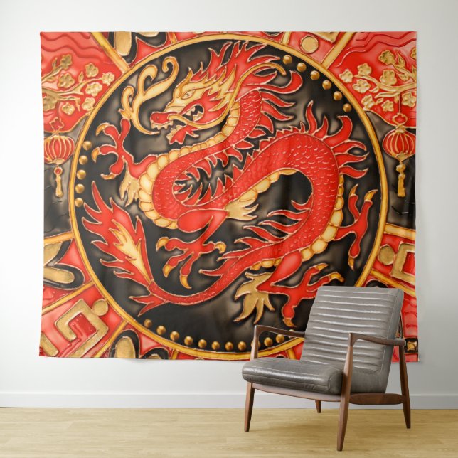 Tapiz Dragón chino tradicional de oro rojo (In situ (horizontal))