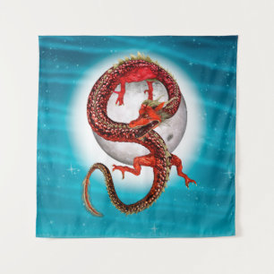 Tapiz Dragón de Luna Roja Arte de Fantasía Celestial