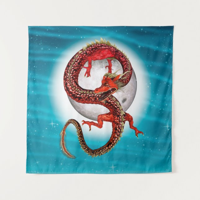 Tapiz Dragón de Luna Roja Arte de Fantasía Celestial (Anverso)