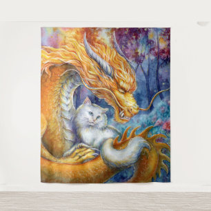 Tapiz Dragón Fiero y Gato Blanco en Bosque Místico