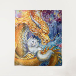 Tapiz Dragón Fiero y Gato Blanco en Bosque Místico