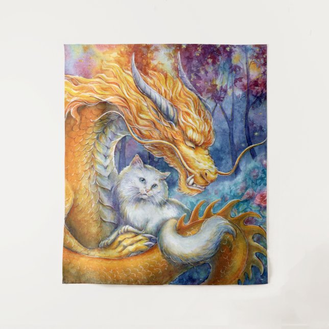 Tapiz Dragón Fiero y Gato Blanco en Bosque Místico (Anverso)