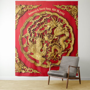 Tapiz Dragon Phoenix Red Gold Boda chino fondo