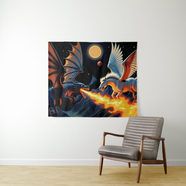 Tapiz Dragón que escupe fuego y Pegasus (In situ (horizontal))