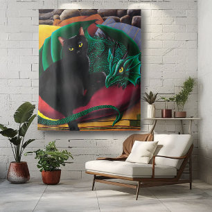 Tapiz Dragón verde de gato negro