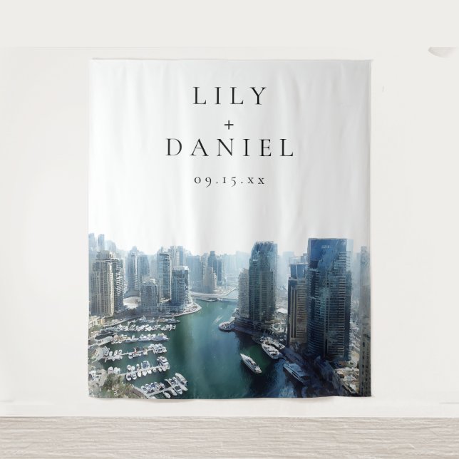 Tapiz Dubai Skyline Wedding Photo Backdrop (Anverso)