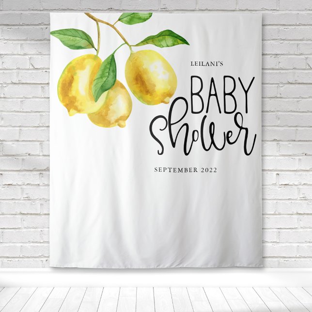 Tapiz Ducha de bebé acuarela de limón (Watercolor citrus lemon drop with a fun typography for baby shower making a beautiful backdrop.)