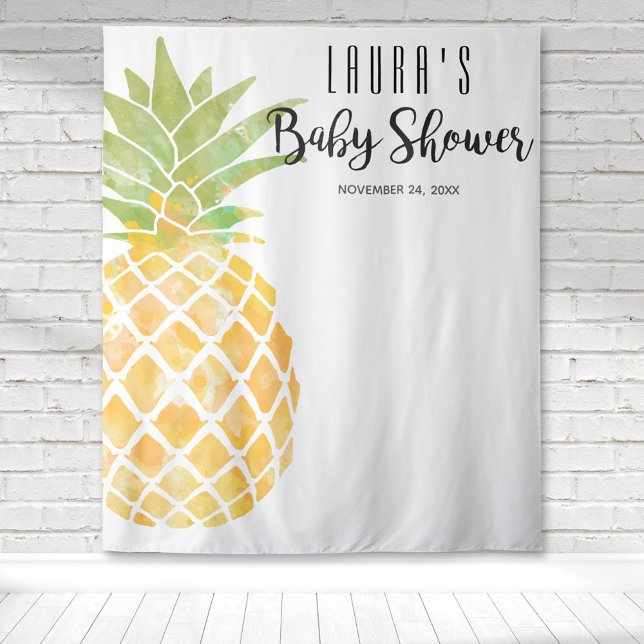 Tapiz Ducha de Bebé Amarillo Acuarela Piña Tropical (Pineapple baby shower with a large watercolor pineapple stencil on the side for a tropical backdrop.)