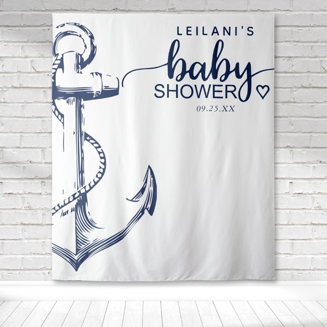 Tapiz Ducha de bebé ancla náutica blanca (Nautical anchor baby shower on a white backdrop with navy blue anchor and typography.)