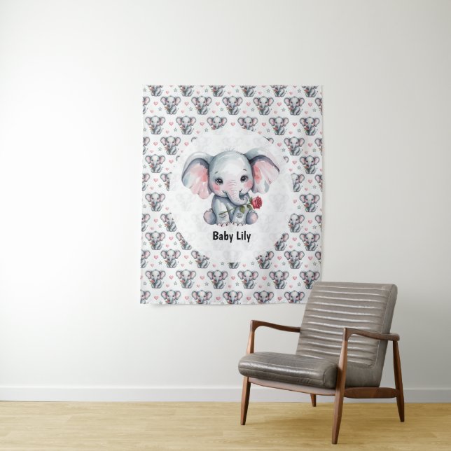 Tapiz Ducha de Bebé Elefante Acuarela Rosa (In situ)