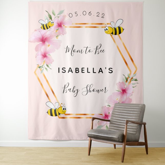 Tapiz Ducha de bebé mamá abeja flores rosadas niña (In situ)