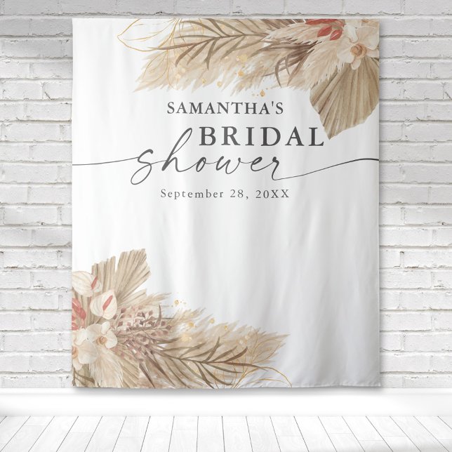 Tapiz Ducha de Novia con Hierba de Pampas Palma Seca (Pampas grass dried palm fronds watercolor design on this bridal shower tapestry backdrop.)