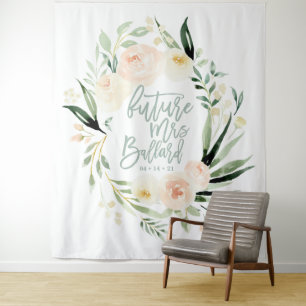 Tapiz Ducha de novia floral de acuarela melocotón y verd