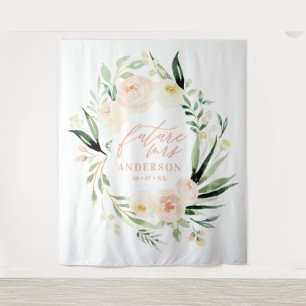 Tapiz ducha de novia floral en acuarela melocotón y verd