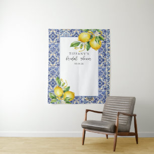 Tapiz Ducha nupcial con azulejos azules mediterráneos