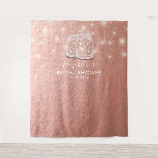 Tapiz Ducha nupcial Pareja de fondo Mason Jars Rosa Gold (Anverso)