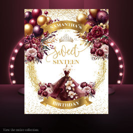 Tapiz Dulce 16 Backdrop Burgundy Balloons Gold Purpurina