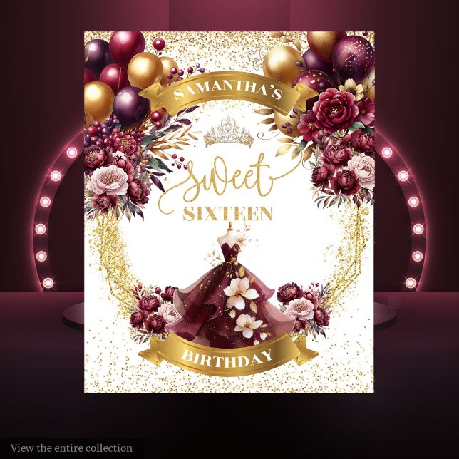 Tapiz Dulce 16 Backdrop Burgundy Balloons Gold Purpurina (Sweet 16 Backdrop Burgundy Balloons Gold Glitter)