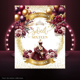 Tapiz Dulce 16 Backdrop Burgundy Balloons Gold Purpurina