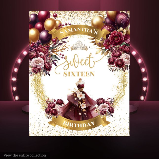 Tapiz Dulce 16 Backdrop Burgundy Balloons Gold Purpurina (Sweet 16 Backdrop Burgundy Balloons Gold Glitter Glam)