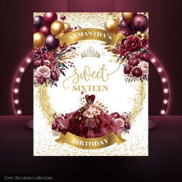 Tapiz Dulce 16 Banner Burgundy Flores Purpurina de oro