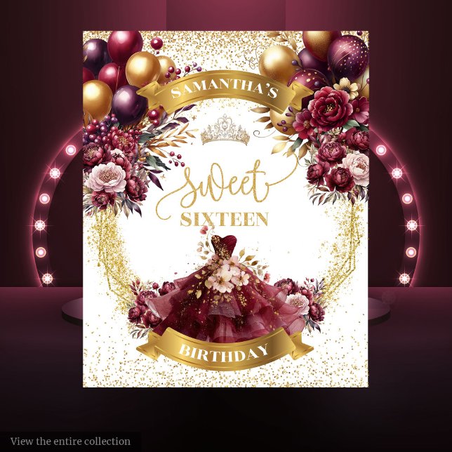 Tapiz Dulce 16 Banner Burgundy Flores Purpurina de oro (Sweet 16 Banner Burgundy Flowers Gold Glitter Tapestry)