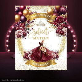 Tapiz Dulce 16 Fiesta Fondo Borgoña Vestido Purpurina