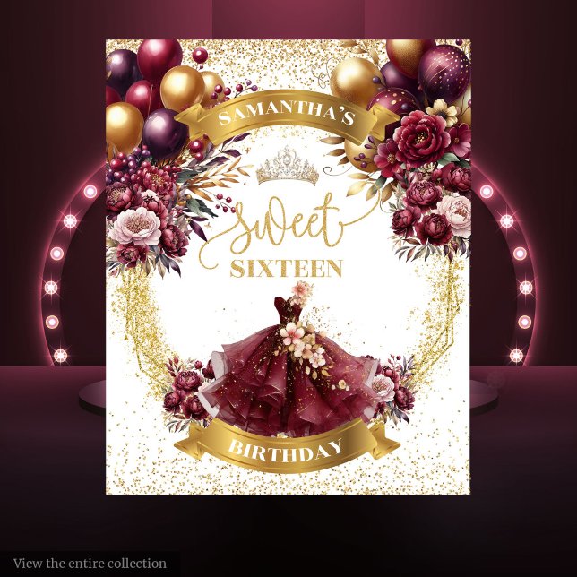 Tapiz Dulce 16 Fiesta Fondo Borgoña Vestido Purpurina (Sweet 16 Party Backdrop Burgundy Dress Glitter)