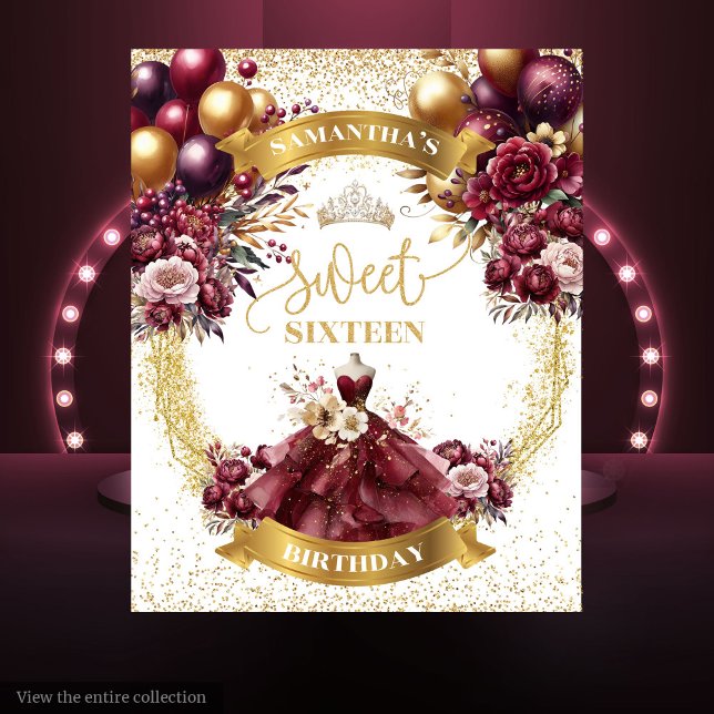 Tapiz Dulce 16 fondo acuático Burgundy Flores Gold (Sweet 16 Watercolor Backdrop Burgundy Flowers Gold)