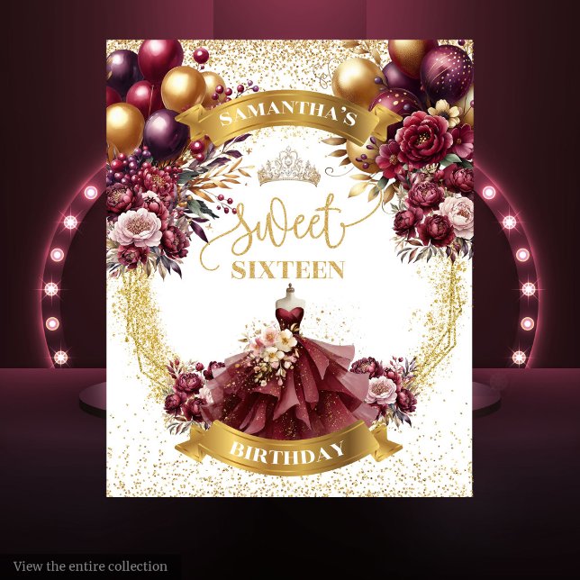 Tapiz Dulce 16 fondo Borgoña Vestido Dorado Globos Spa (Sweet 16 Backdrop Burgundy Dress Gold Balloons Spark)