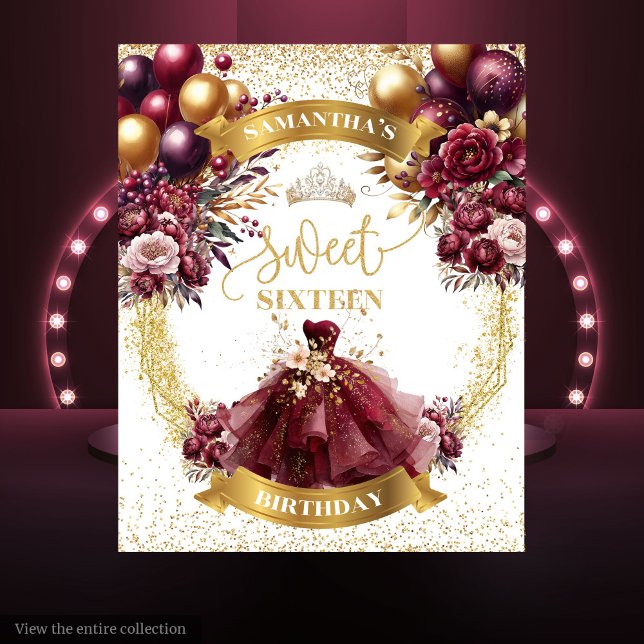Tapiz Dulce 16 globos Purpurinas de oro de borgoña (Sweet 16 Tapestry Burgundy Gold Glitter Balloons)